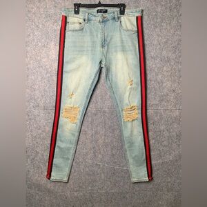 Serenede Men’s Size 38 Light Wash Distressed Slim Straight Leg Jeans Red Stripe‎